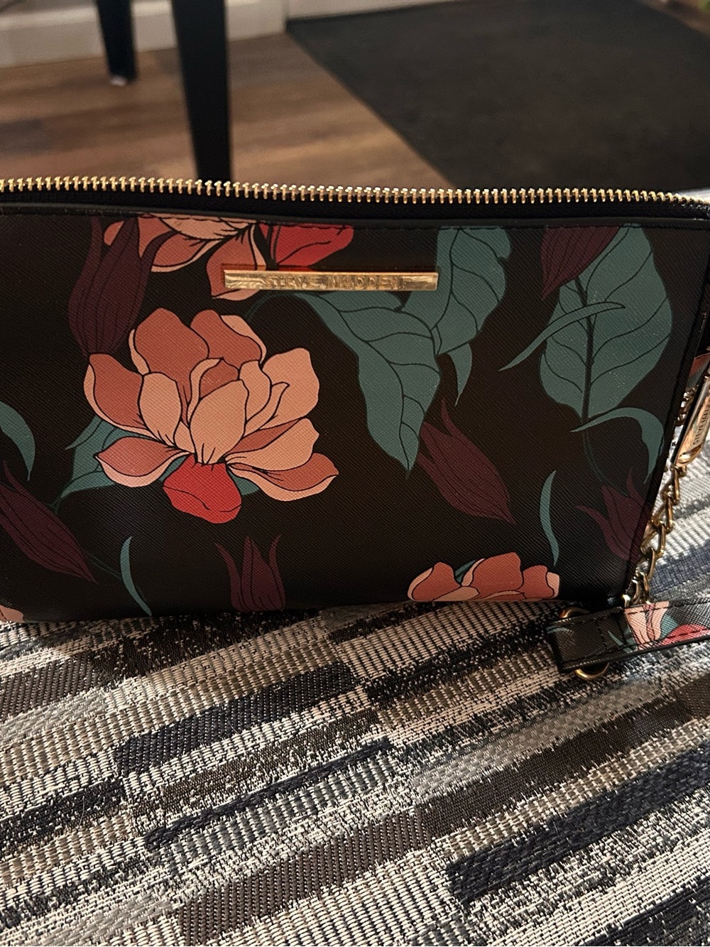 Floral Print Wristlet Clutch - Black with Pink & Teal Flowers
